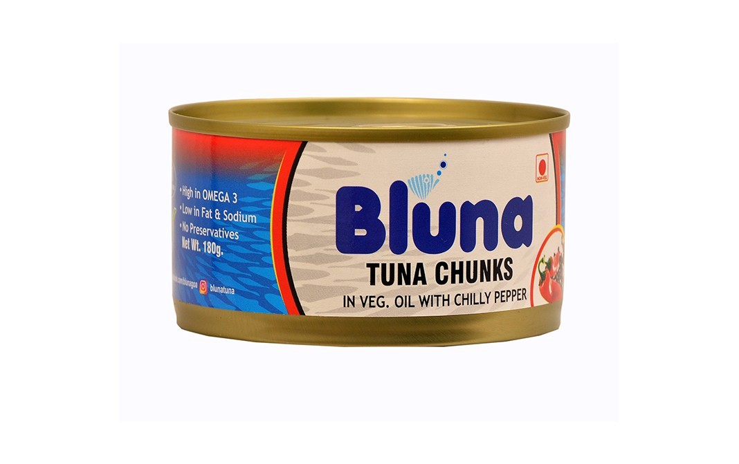 Bluna Tuna Chunks In Veg. Oil With Chilly Pepper   Tin  180 grams